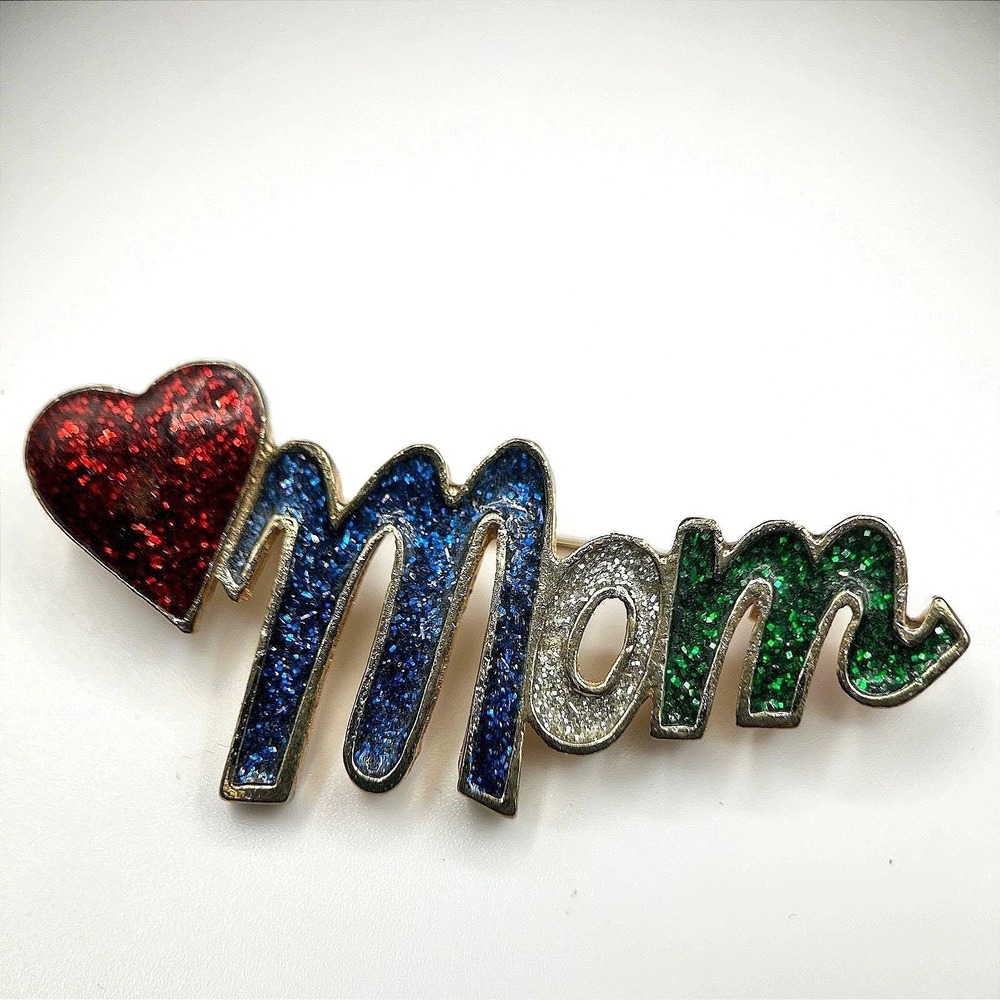 Vintage Red Blue Green Love Heart Mom Glitter Birthday Gift Fashion Brooch Pin